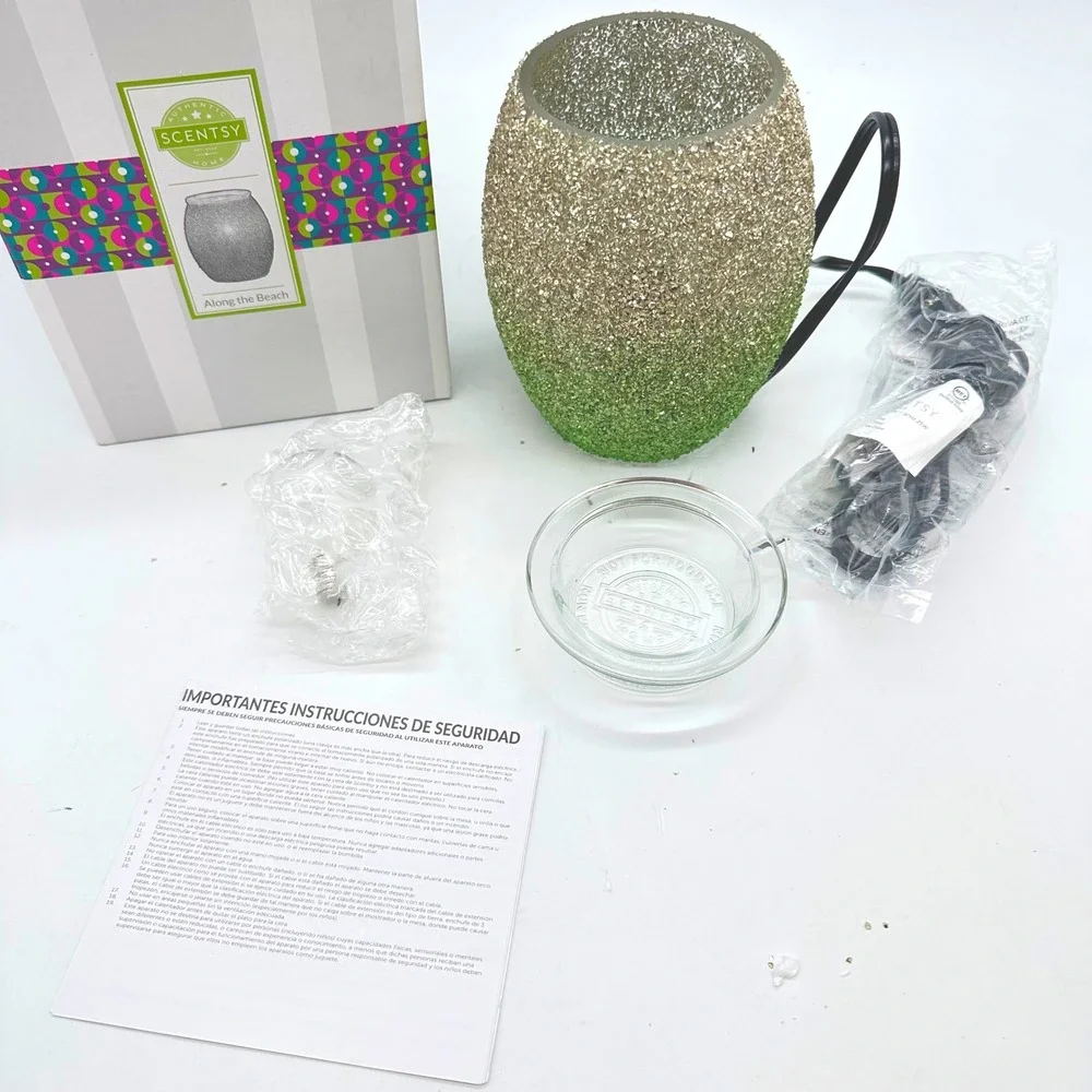 Retired Scentsy Along the Beach Electric Wax Warmer Silver Green Mosaic Glass